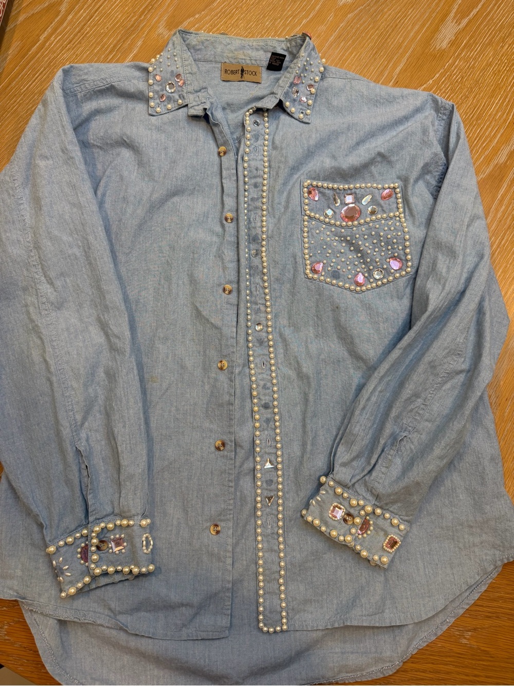 Light Blue Jeweled Denim Blouse by